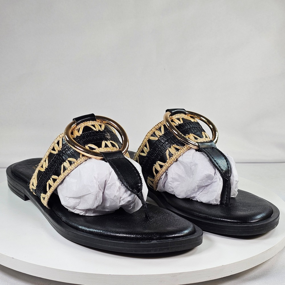 Lottini Italy Black Leather Woven Raffia Gold Ring Thong Sandals Womens 37‎